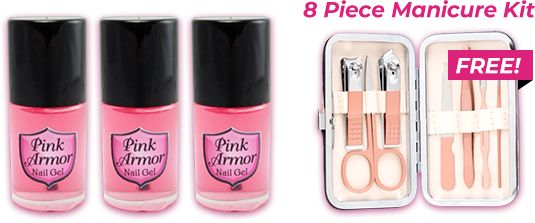 3 Pink Armor Nail Gels Triple Offer. 8 Piece Manicure Kit for FREE!